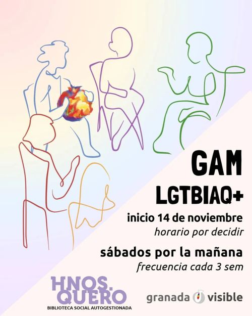 El cartel tiene un fondo con degradado de colores pastel en tonos rosa, amarillo y azul claro. La mitad inferior derecha es de color blanco hueso, separada de la parte de color por una línea diagonal.

En la parte superior e izquierda aparecen figuras humanas dibujadas con líneas de un solo trazo en distintos colores. Una figura azul está sentada y sostiene un corazón anatómico ilustrado en colores rojo, naranja y amarillo. Junto a ella hay una figura morada de pie vista por detrás, una figura verde sentada, una figura roja sentada en una silla y una figura naranja de cabeza inclinada.

En la zona blanca de la derecha aparece el texto "GAM" y "LGTBIAQ+" en letras negras gruesas. Debajo se leen las líneas "inicio 14 de noviembre", "horario por decidir", "sábados por la mañana" y "frecuencia cada 3 sem", combinando texto en negrita y en cursiva.

En la esquina inferior izquierda está el logotipo "HNOS. QUERO" en letras moradas con el texto "BIBLIOTECA SOCIAL AUTOGESTIONADA" debajo. A su derecha aparece el texto "granada visible" con un pequeño símbolo entre ambas palabras.